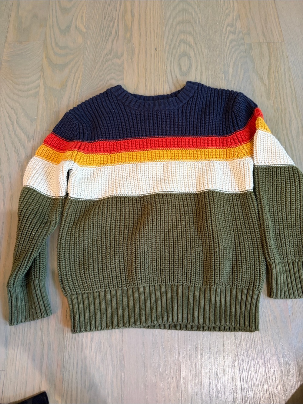 Cat & Jack Olive Sweater with Navy, White, Red & Yellow Stripes
